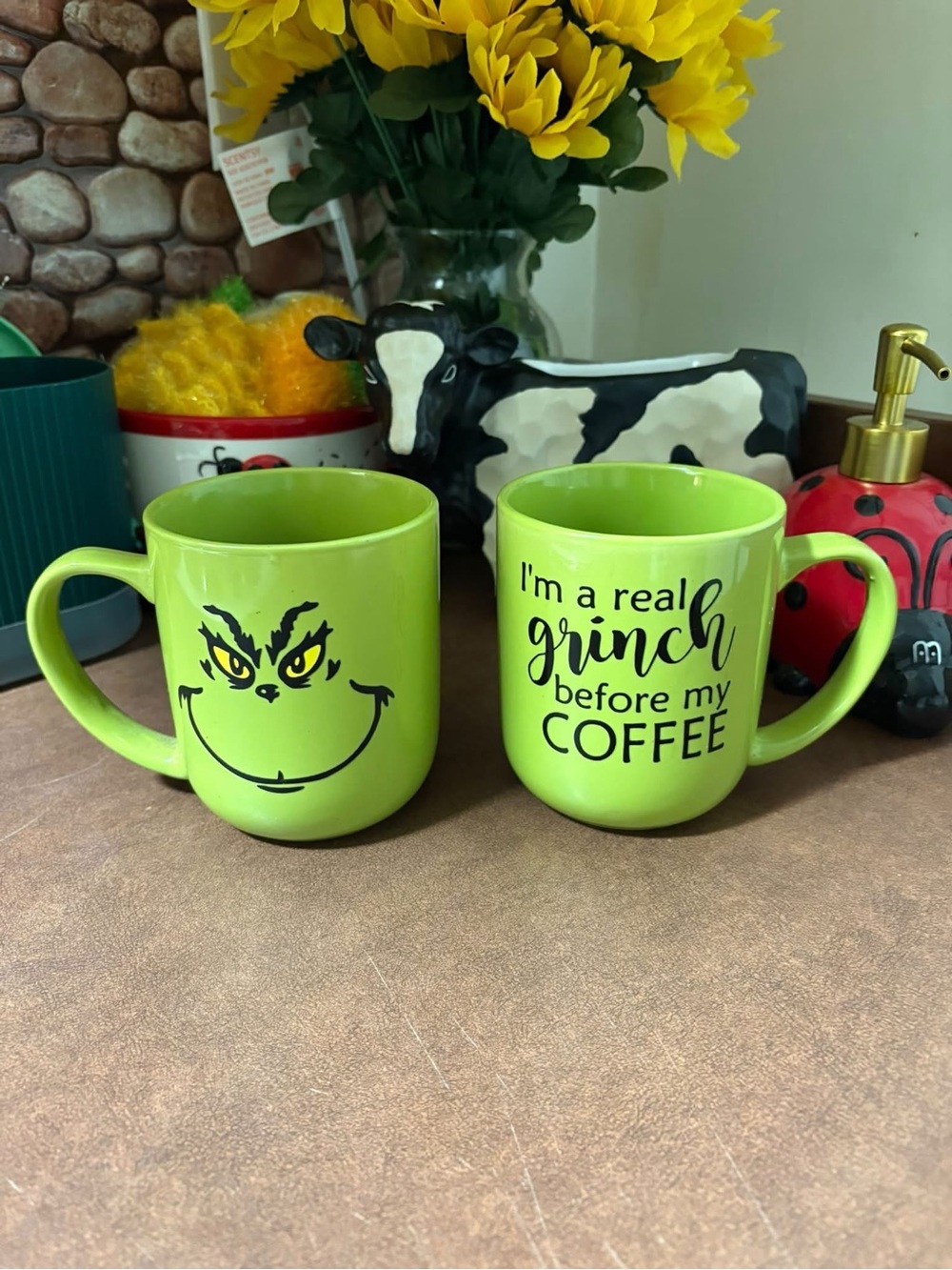 Novelty Lime Green Holiday Coffee Mug Set - Grinch Face & Quote